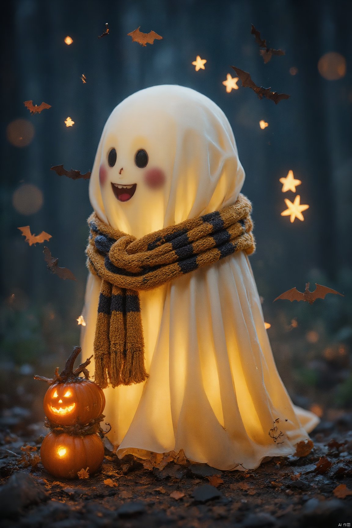 a cut ghost,halloween,WSJFLUX,scarf,A jack-o-lantern,bats