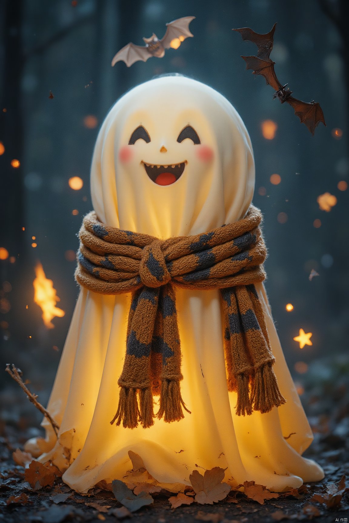 a cut ghost,halloween,WSJFLUX,scarf,pumpkin lantern,bats