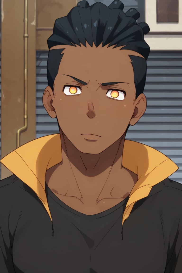 score_9, score_8_up, score_7_up, score_6_up, score_5_up, score_4_up, source_anime, Expressiveh, male focus, solo, mature male, upper body, looking at viewer, 1boy,dark-skinned male, Swirly Pupils, dark skin, yellow eyes, black shirt, black hair 