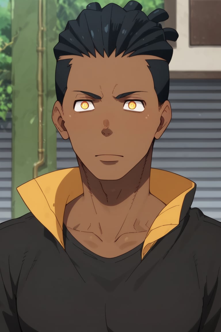 score_9, score_8_up, score_7_up, score_6_up, score_5_up, score_4_up, source_anime, Expressiveh, male focus, solo, mature male, upper body, looking at viewer, 1boy,dark-skinned male, Swirly Pupils, dark skin, yellow eyes, black shirt, black hair 