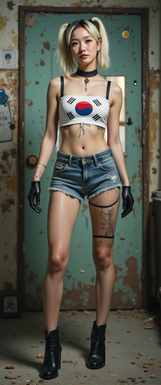 This image is a highly detailed, realistic digital painting of a woman standing in a gritty, rundown room. She is a young woman with a pale, athletic build and light skin, wearing a punk-inspired outfit. She has platinum blonde hair styled in two high pigtails. Her outfit includes a white crop top with the korea  flag emblazoned on the chest, which is torn and revealing her midriff.,ct-amantity,ct-chasartre,ct-portuguitity,ct-bustyy2,ct-blodolx,ct-chainb,ct-euntity