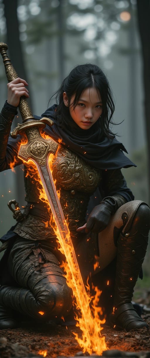 A fierce sexy female warrior crouched low, gripping a long, ornate sword with both hands, illuminated by a fiery orange aura that highlights intricate golden designs on the blade and hilt; rugged expression, dark tousled hair flowing freely, clad in elaborate metallic armor with a dark cloak draping over his back; misty twilight forest background with dark looming trees, smoky ethereal air, glowing embers and sparks around; earthy browns, oranges, and golds dominate the scene, contrasting with cooler dark greens and grays of the forest, creating a mystical, intense atmosphere,jisosmile,ct-kbright,ct-arix,ct-savaga,ct-blondie,ct-blodolx,ct-bustyy2,ct-chainb,ct-bibity,ct-dbe,ct-jennie,ct-euntity,ct-kimgo2