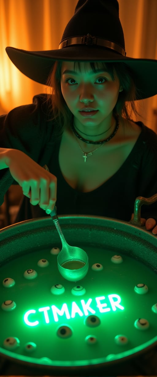  70mm lens, full-color photograph, shadows, cinematics lighting, volumetric lights, realistic lights, three quarter view, film grain, BREAK, Background: a witch's hut, dark, Top down view of a young witch, stirring in a cauldron full of a green soup-like liquid, eye-balls floating in the soup, green luminescent text in the soup that says: "CTMAKER", orange light in the back ground, looking at the viewer





.

.. Film grain and blur enhance the cinematic feel, transporting us back to a low-res 1980s movie screen.,ct-jennie,ct-vero13,ct-smeraldity,ct-bibity
t.,ct-chasartre,ct-bustyy2,ct-kbright,ct-chainb,ct-biskitity,ct-rosity,ct-smeraldity,ct-hyuntity,ct-leetity,ct-arix,ct-savaga,ct-muun,ct-vituajis,ct-identityV2,ct-dbe,ct-euntity