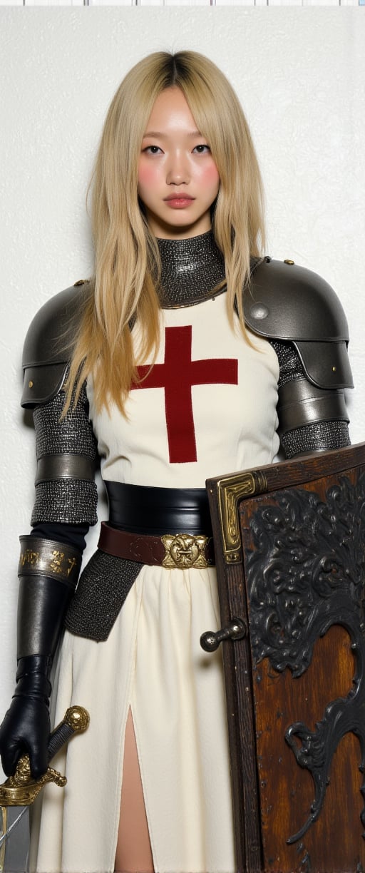  a medium-angle shot of a woman in a medieval-style armor, adorned with a red cross on her chest. Her blonde hair is cascading over her shoulders, adding a touch of power to her outfit. She is dressed in a white dress with a black belt and black gloves, and she is holding a sword in one hand and a shield in the other. Her left hand is positioned in front of her face, while her right hand is resting on her hip. The background is a stark white, with a rough texture, adding depth to the composition.,shot on Hasselblad 907X with Hasselblad XCD 30mm f-3.5 ,ct-blodolx,ct-vero13,ct-bustyy2,ct-vituajis,ct-euntit,ct-euntity