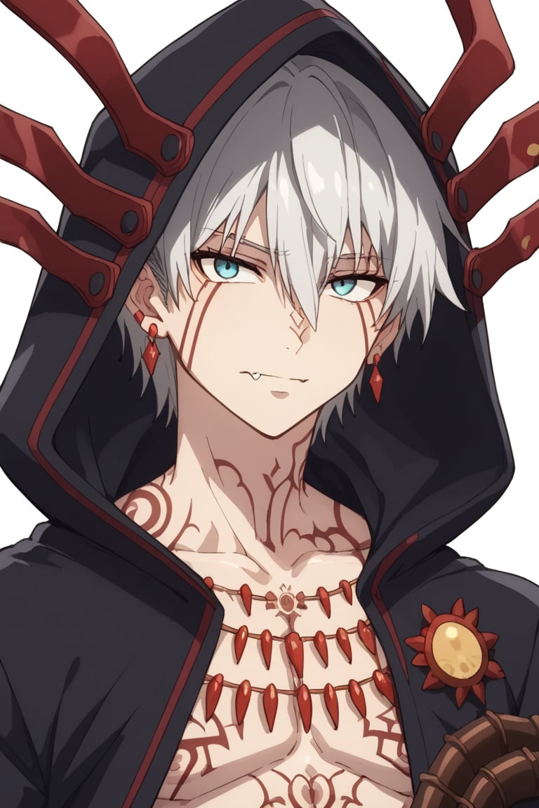 score_9, score_8_up, score_7_up, score_6_up, score_5_up, score_4_up, source_anime, Expressiveh, male focus, solo, mature male, upper body, looking at viewer, 1boy,white hair, jewelry, simple background, bangs, earrings, hoodie, red tattoos, body tattoos, fang,white hair, jewelry, simple background, bangs, earrings, hoodie, red tattoos, body tattoos