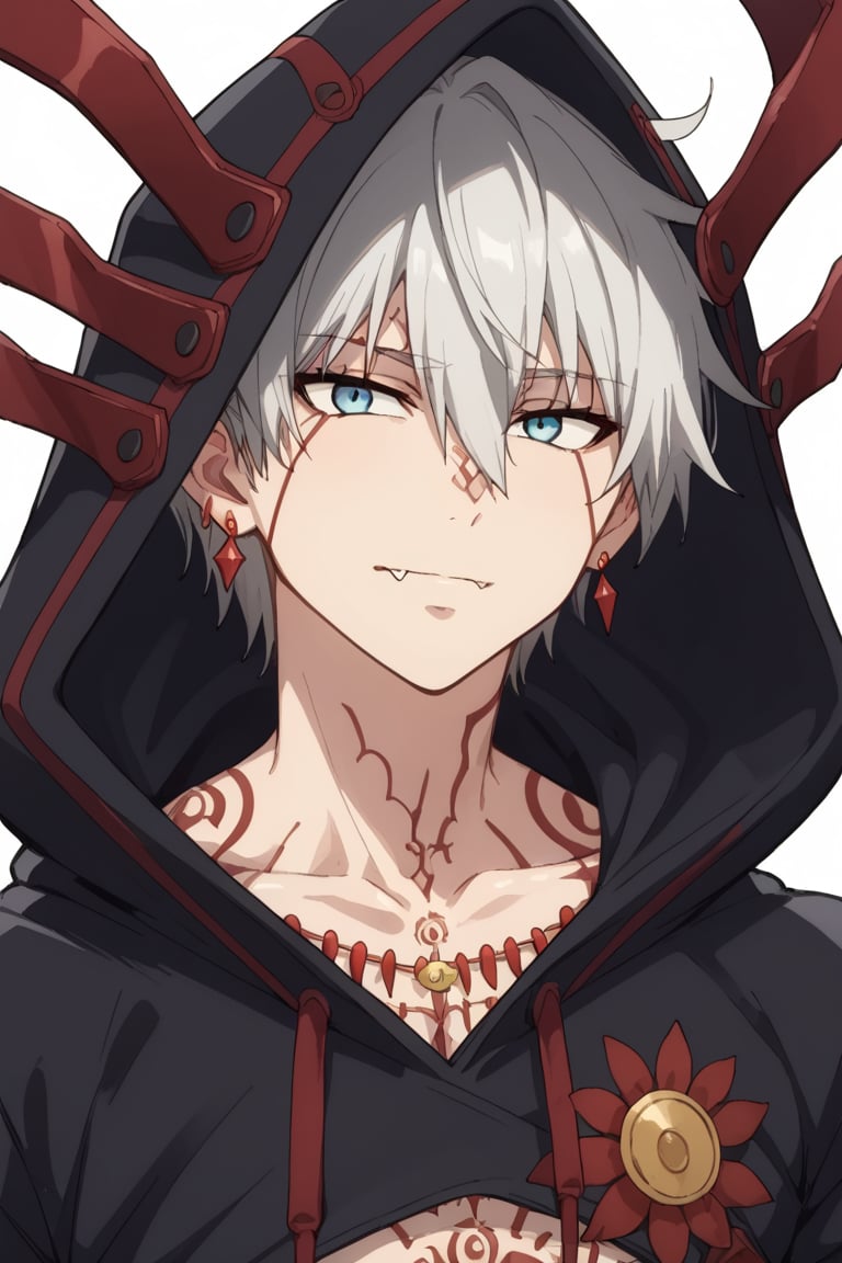 score_9, score_8_up, score_7_up, score_6_up, score_5_up, score_4_up, source_anime, Expressiveh, male focus, solo, mature male, upper body, looking at viewer, 1boy,white hair, jewelry, simple background, bangs, earrings, hoodie, red tattoos, body tattoos, fang,white hair, jewelry, simple background, bangs, earrings, hoodie, red tattoos, body tattoos