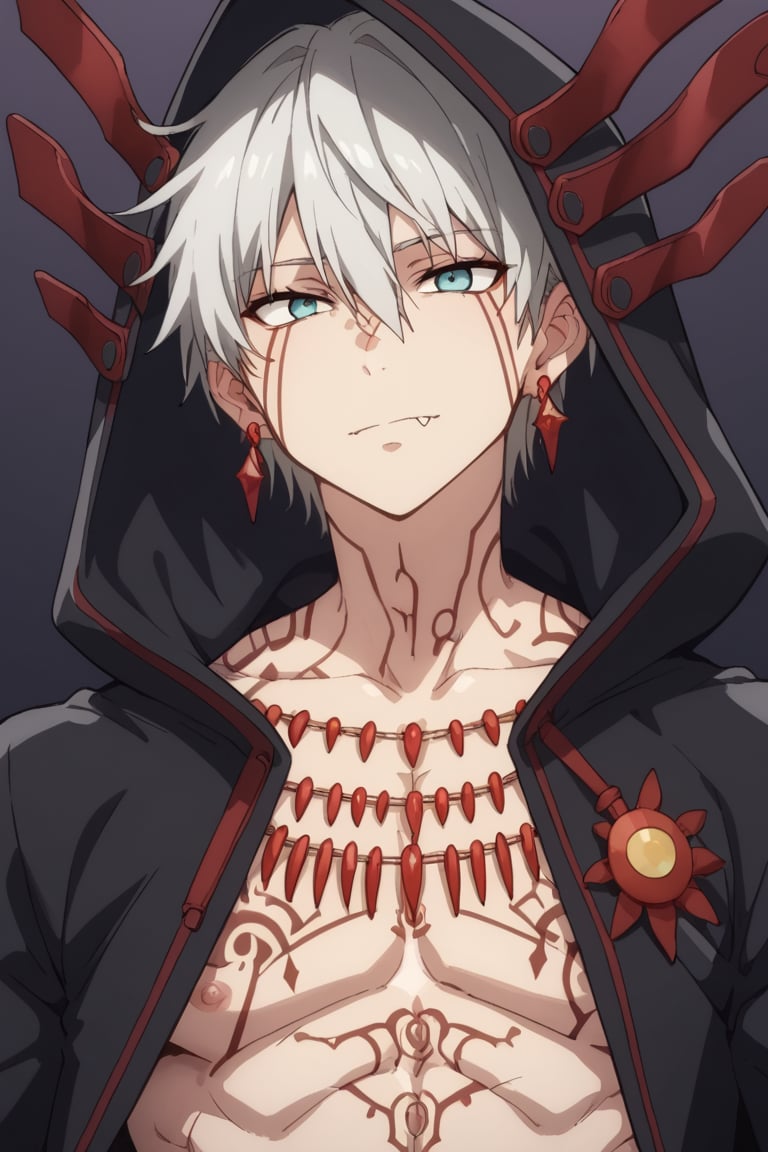 score_9, score_8_up, score_7_up, score_6_up, score_5_up, score_4_up, source_anime, Expressiveh, male focus, solo, mature male, upper body, looking at viewer, 1boy,white hair, jewelry, simple background, bangs, earrings, hoodie, red tattoos, body tattoos, fang,white hair, jewelry, simple background, bangs, earrings, hoodie, red tattoos, body tattoos