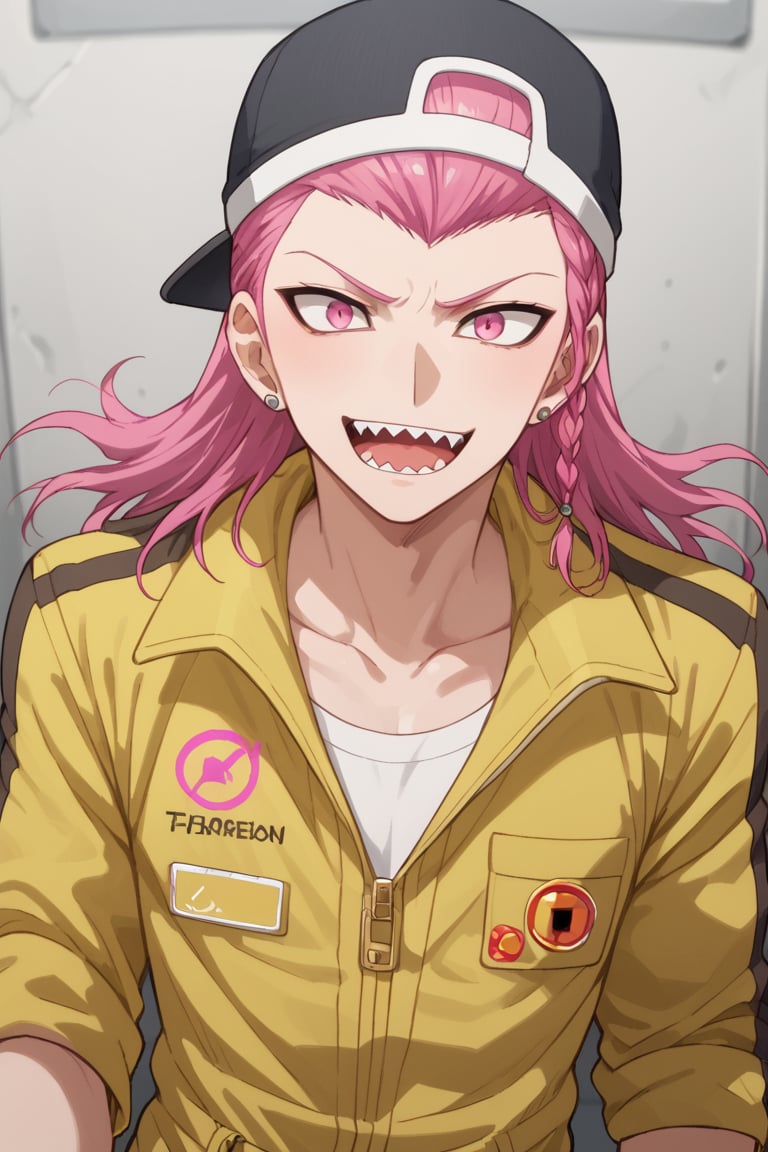 score_9, score_8_up, score_7_up, score_6_up, score_5_up, score_4_up, source_anime, Expressiveh, male focus, solo, mature male, upper body, looking at viewer, 1boy, earrings, jewelry, jumpsuit, pink eyes, braid, sharp teeth, hat, pink hair, earrings, jewelry, pink eyes, braid, sharp teeth, pink hair