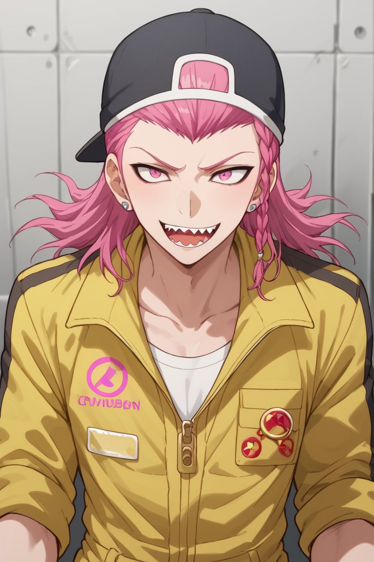 score_9, score_8_up, score_7_up, score_6_up, score_5_up, score_4_up, source_anime, Expressiveh, male focus, solo, mature male, upper body, looking at viewer, 1boy, earrings, jewelry, jumpsuit, pink eyes, braid, sharp teeth, hat, pink hair, earrings, jewelry, pink eyes, braid, sharp teeth, pink hair