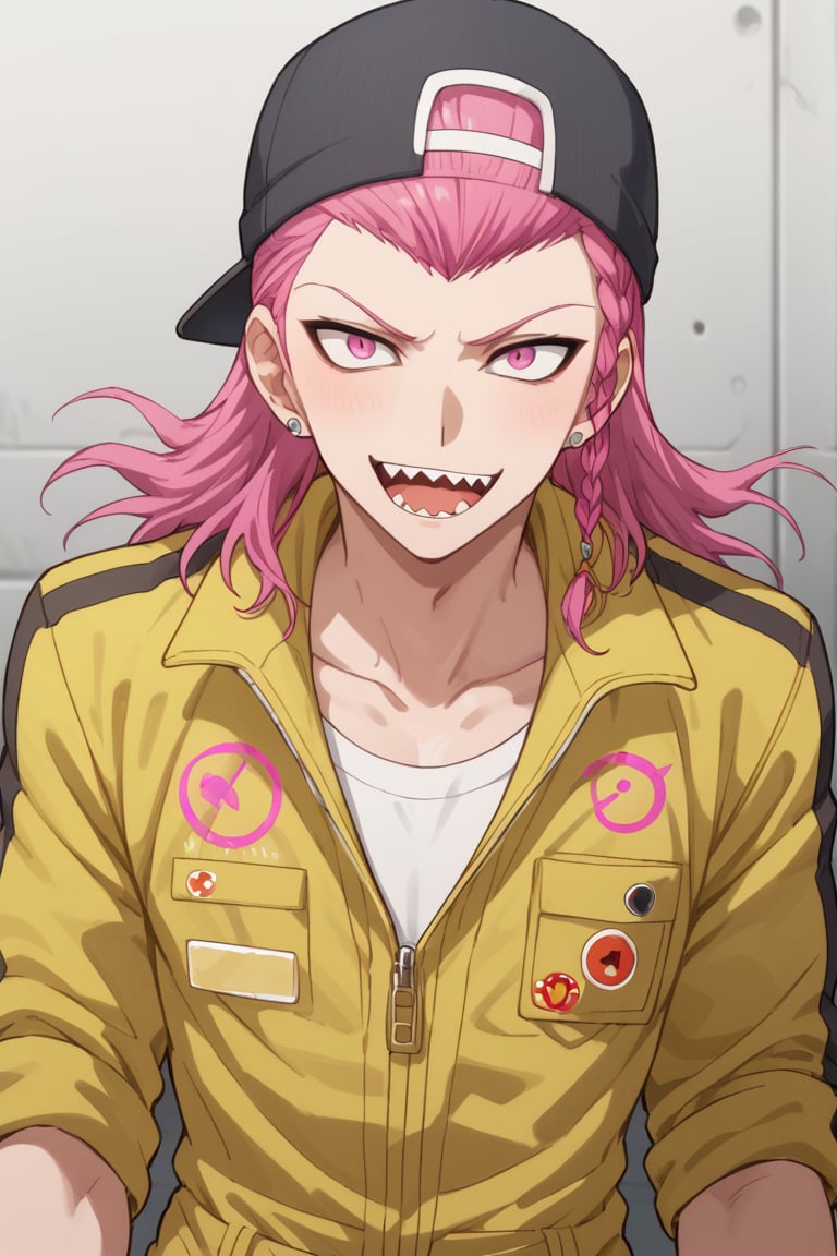 score_9, score_8_up, score_7_up, score_6_up, score_5_up, score_4_up, source_anime, Expressiveh, male focus, solo, mature male, upper body, looking at viewer, 1boy, earrings, jewelry, jumpsuit, pink eyes, braid, sharp teeth, hat, pink hair, earrings, jewelry, pink eyes, braid, sharp teeth, pink hair