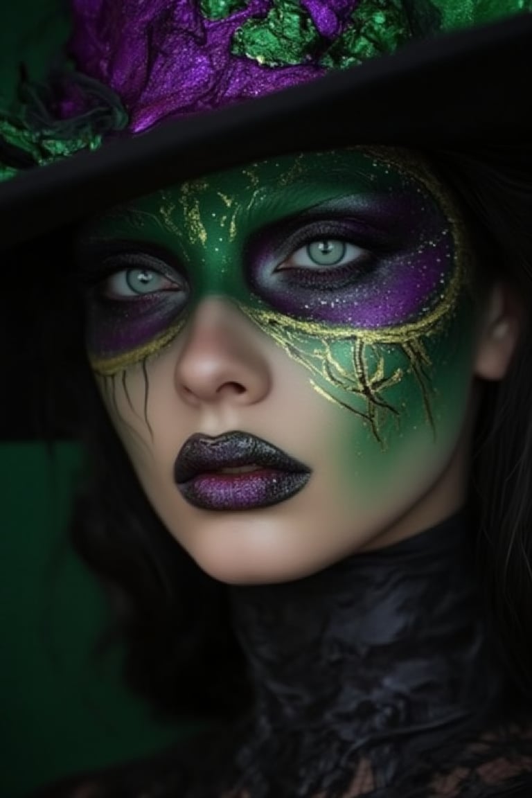 Imagine a witch who blends traditional dark magic with high fashion. Use green, purple, and black hues for the makeup, with shimmering gold eyeshadow and sharp, black eyeliner. Add bold, glittery lipstick and magical-looking accents like drawn-on runes or sigils on the face.