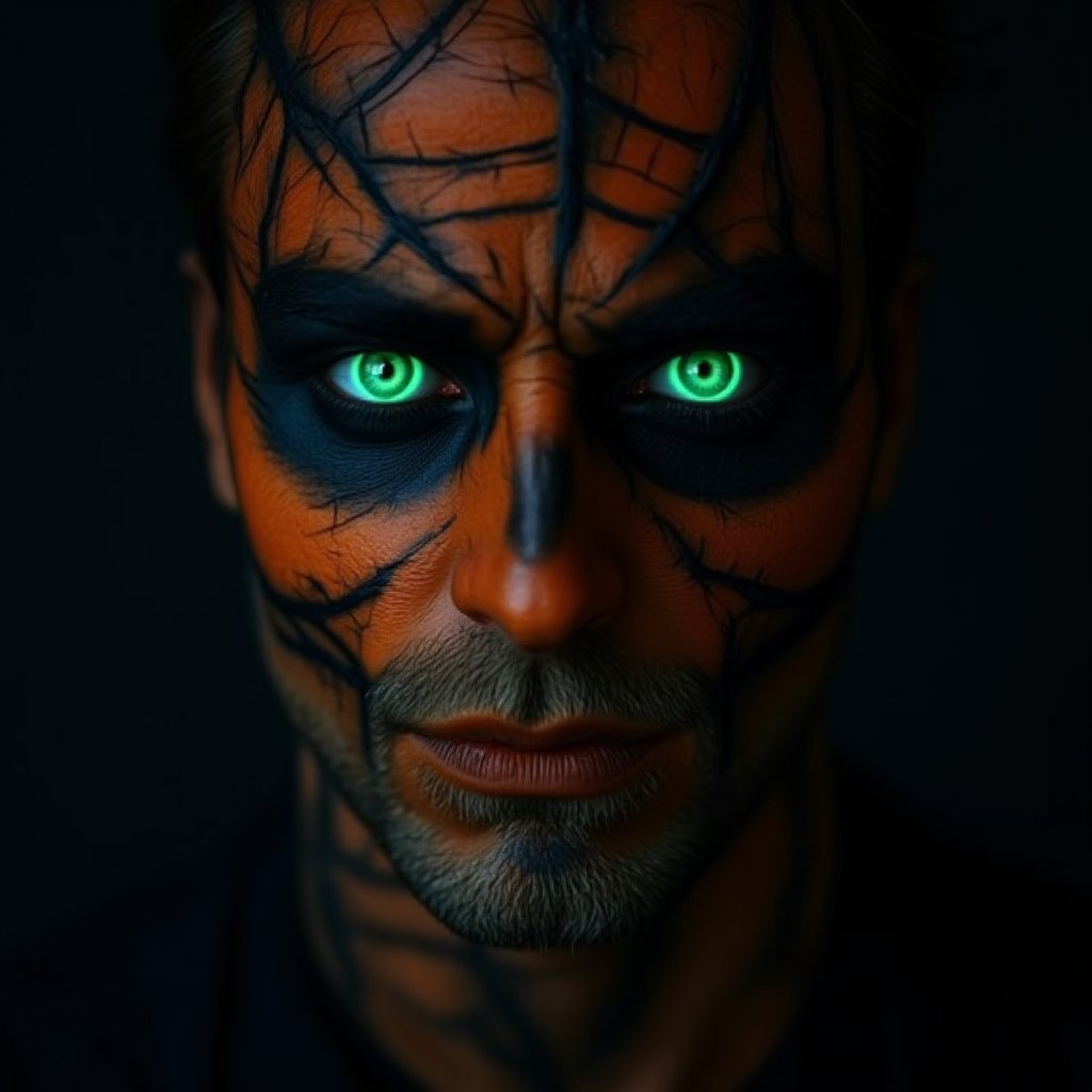 A close-up shot of a man with intricate Halloween-themed makeup, set against a dark and eerie backdrop. The camera captures his gaunt expression, eyes painted with glowing green contacts, and skin smeared with vibrant orange and black warpaint. A spider's web pattern wraps around his face, adding to the ominous atmosphere.