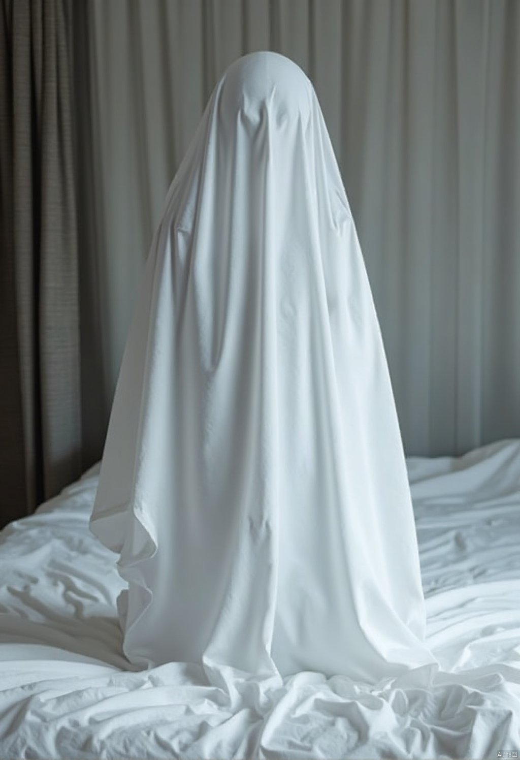 Ghost suits,  a ghostly figure stands on a white bedspread. The figure is dressed in a white robe by 弑之迁士 on Tensor.Art
