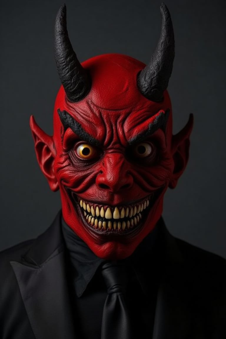 Captured in a close-up, eye-level shot of a man's face, adorned with a red demon-like mask. The man's head is adorned with black horns, adding a pop of color to his face. His eyes are a piercing yellow, and his mouth is open, revealing sharp teeth. His eyebrows are a dark black, adding texture to the scene. He is dressed in a black suit jacket, with a black collar. The backdrop is a dark gray, creating a stark contrast to the man's skin.