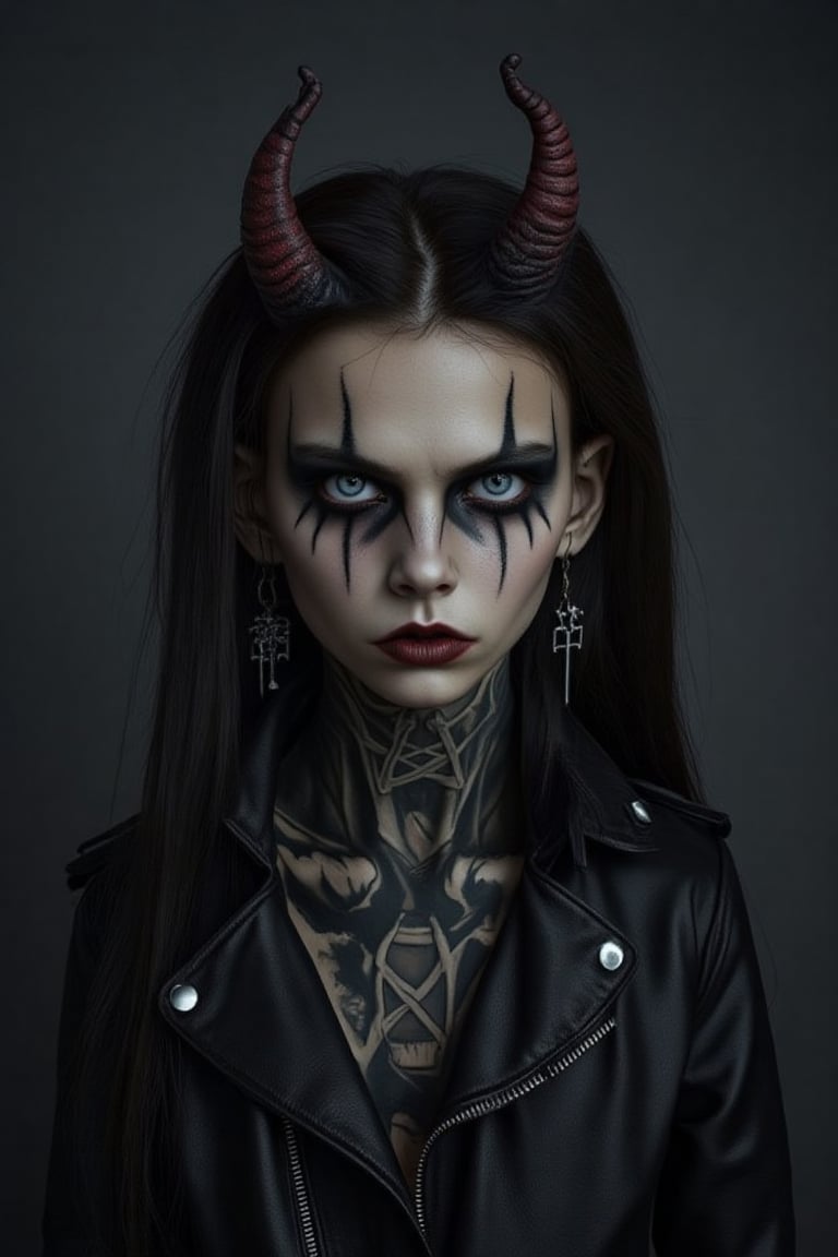 A lone figure stands against a dark grey backdrop, wearing a black leather jacket adorned with silver studs and spiked collar. The boy's long black hair falls down his back as he gazes directly at the viewer, his piercing blue eyes accentuated by thick eyeliner and bold lipstick. A pentagram tattoo peeks out from beneath his jacket, while demon horns protrude from his forehead, covered in a subtle layer of dark makeup. A pair of earrings featuring miniature crosses dangle from his ears, adding to the overall gothic aesthetic.,Halloween makeup