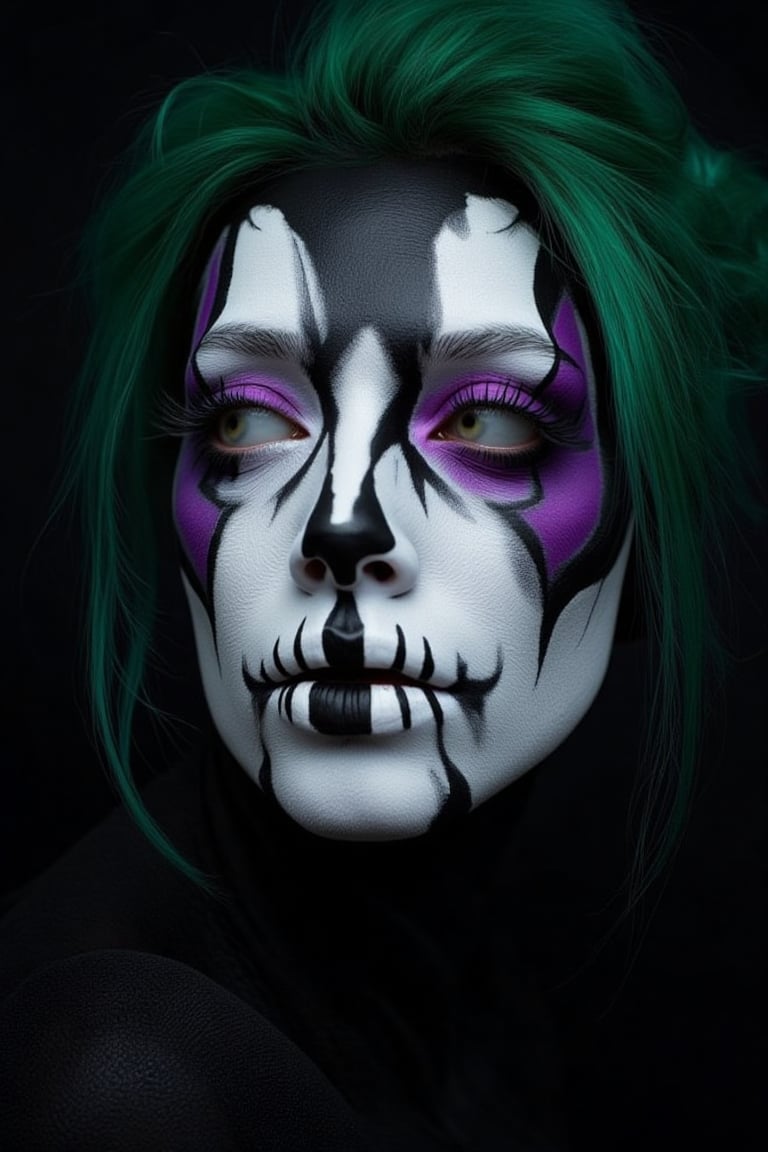 a close-up shot of a woman's face, adorned with a white face adorned with black and purple paint. Her eyes are adorned with purple paint, adding a pop of color to her face. Her hair is a vibrant shade of green, while her face is adorned with white and black stripes. The background is a solid black, creating a stark contrast to the white face.