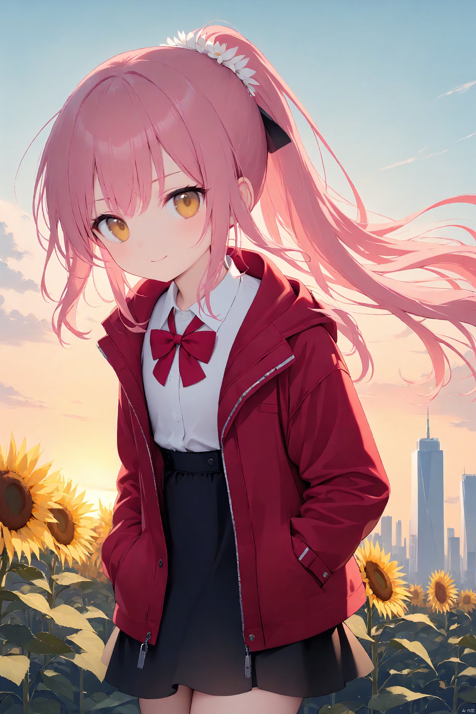 (masterpiece),(best quality),(loli:1.2),(petite:1.2),long hair,Pink hair,Yellow eyes,(red Jacket),high ponytail,white collared shirt,hair flower,fipped hair,floating hair,Frown,hands in pockets,black dress,red bowtie,(solo),sky,skyline,skyscraper,smile,solo,sunflower,tower,upper_body,white flower,