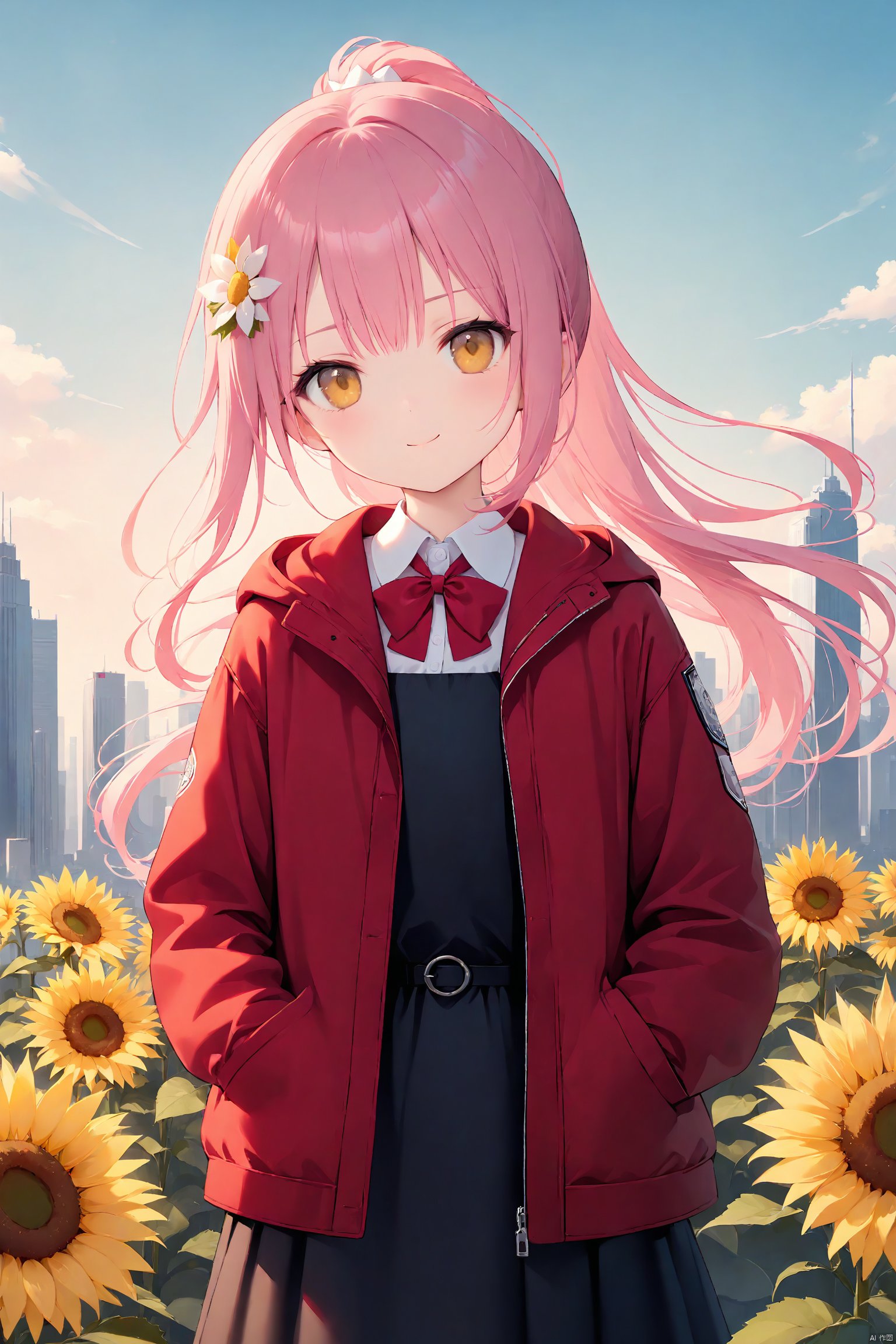 (masterpiece),(best quality),(loli:1.2),(petite:1.2),long hair,Pink hair,Yellow eyes,(red Jacket),high ponytail,white collared shirt,hair flower,fipped hair,floating hair,Frown,hands in pockets,black dress,red bowtie,(solo),sky,skyline,skyscraper,smile,solo,sunflower,tower,upper_body,white flower,