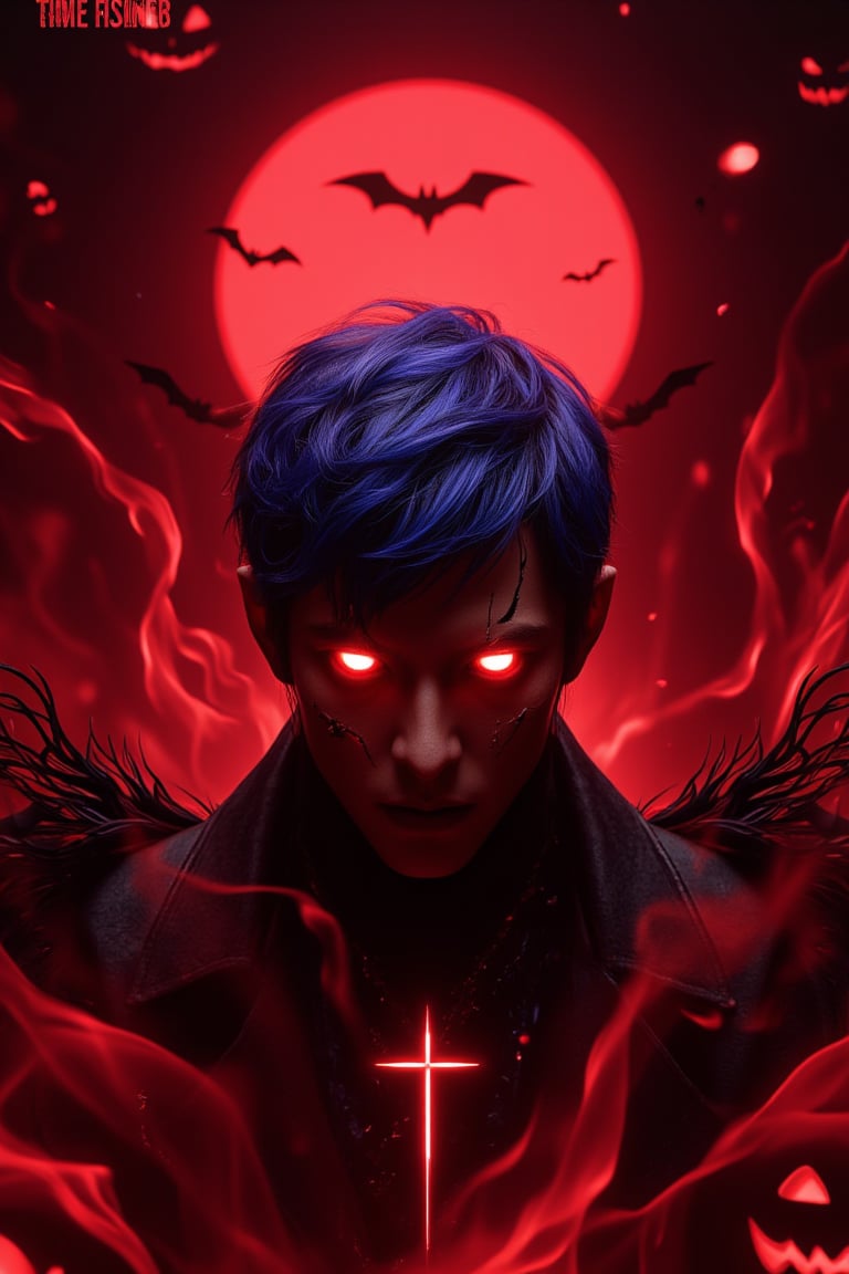 A minimalist, epic dark fantasy scene featuring a King with blue hair and long glowing red flame eyes, surrounded by deep red flames. The image is set against a Halloween theme with a Jack o' lantern, vampire, and bat in the background. The King's face is highly detailed, with cracks and a Christian cross, exuding a sense of mystery and danger. Dramatic lighting from ring lights behind accentuates the dark colors, creating a powerful and dangerous atmosphere. The composition is sharp and high resolution, focusing on the King as the main character.