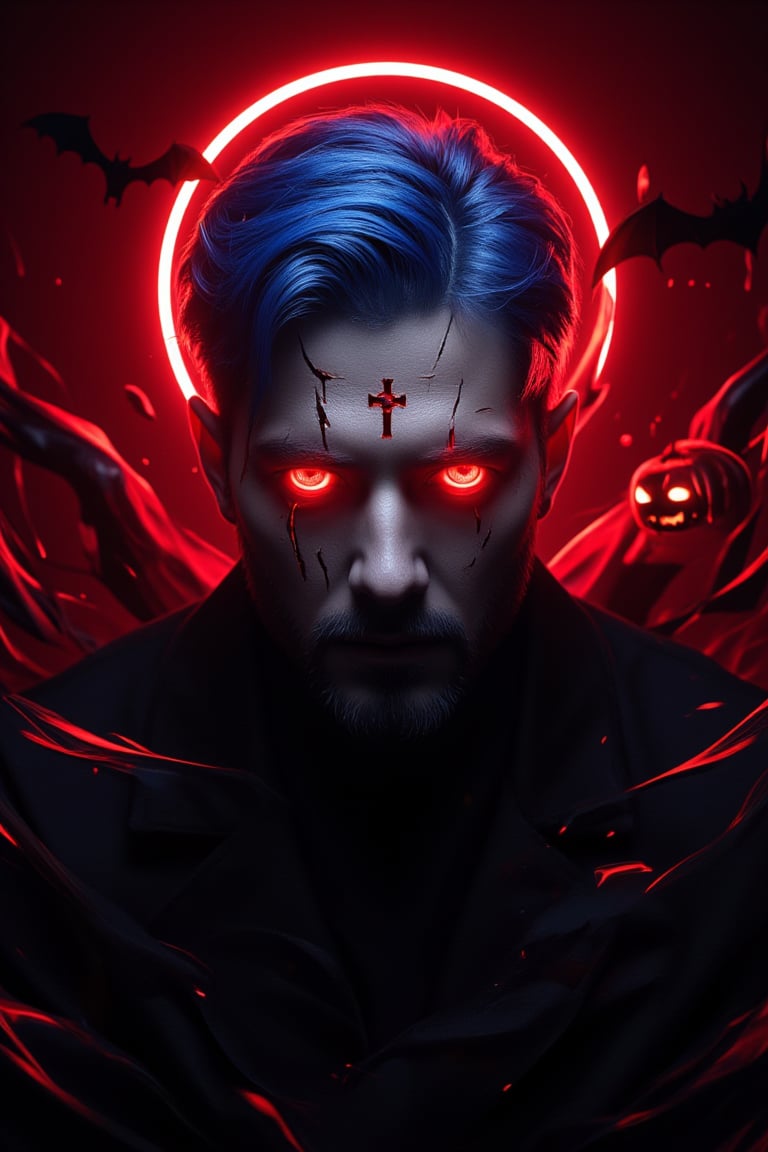 A minimalist, epic dark fantasy scene featuring a King with blue hair and long glowing red flame eyes, surrounded by deep red flames. The image is set against a Halloween theme with a Jack o' lantern, vampire, and bat in the background. The King's face is highly detailed, with cracks and a Christian cross, exuding a sense of mystery and danger. Dramatic lighting from ring lights behind accentuates the dark colors, creating a powerful and dangerous atmosphere. The composition is sharp and high resolution, focusing on the King as the main character.