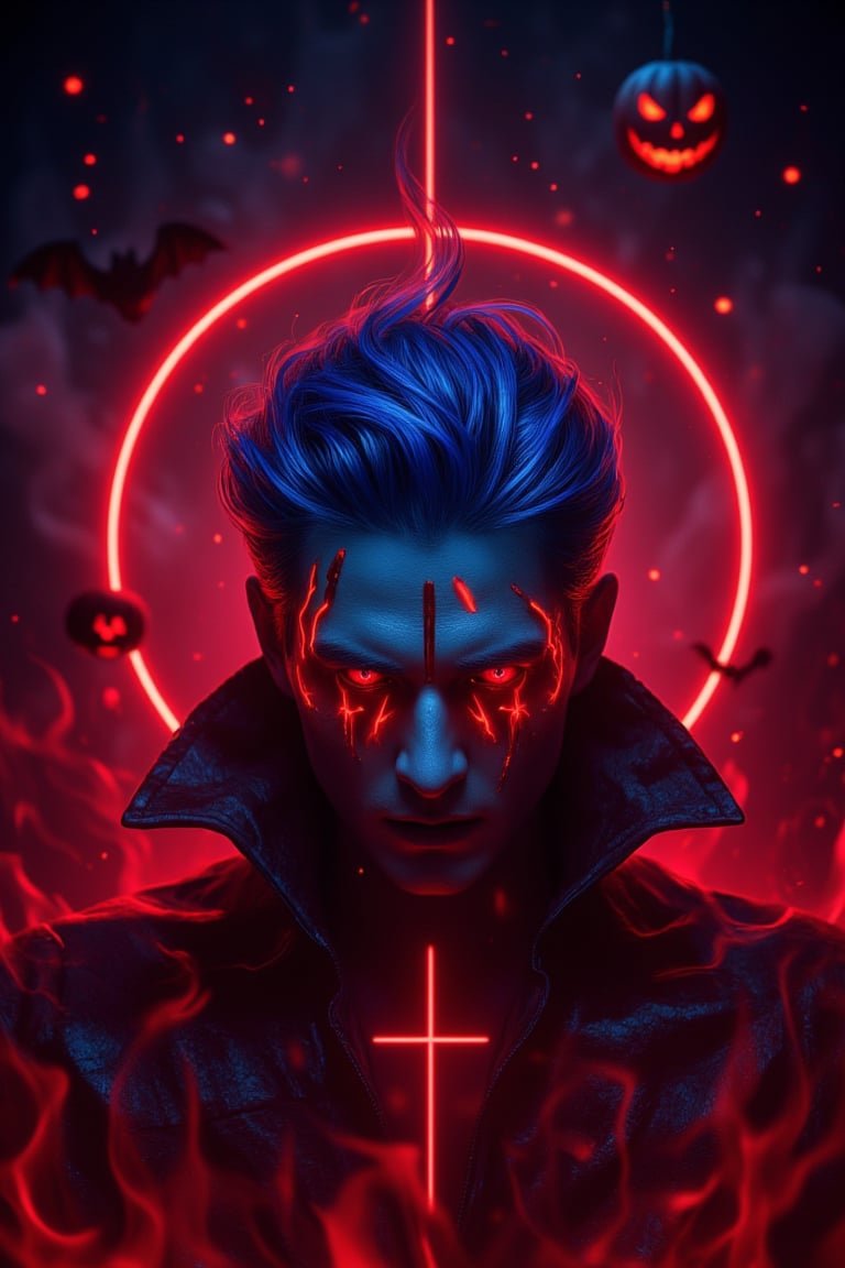 A minimalist, epic dark fantasy scene featuring a King with blue hair and long glowing red flame eyes, surrounded by deep red flames. The image is set against a Halloween theme with a Jack o' lantern, vampire, and bat in the background. The King's face is highly detailed, with cracks and a Christian cross, exuding a sense of mystery and danger. Dramatic lighting from ring lights behind accentuates the dark colors, creating a powerful and dangerous atmosphere. The composition is sharp and high resolution, focusing on the King as the main character.