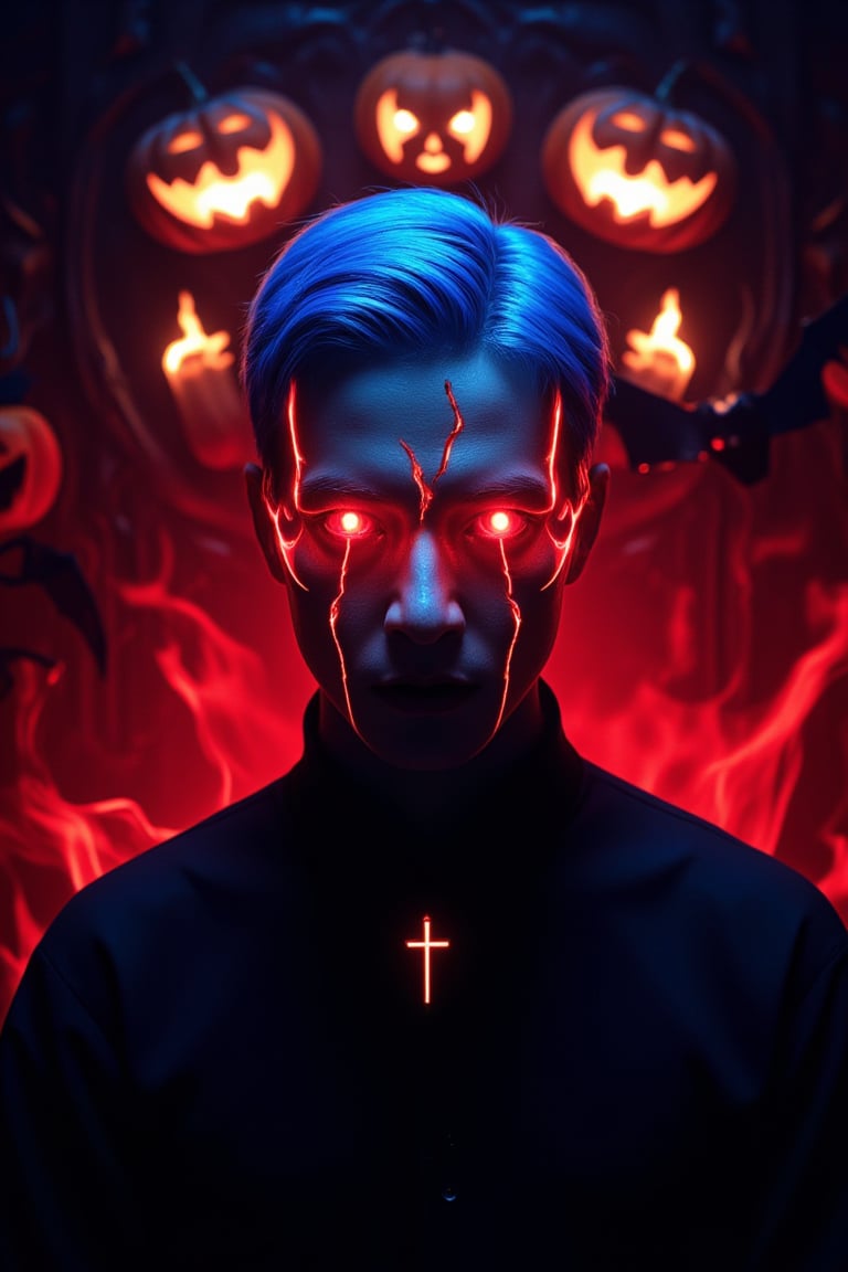 A minimalist, epic dark fantasy scene featuring a King with blue hair and long glowing red flame eyes, surrounded by deep red flames. The image is set against a Halloween theme with a Jack o' lantern, vampire, and bat in the background. The King's face is highly detailed, with cracks and a Christian cross, exuding a sense of mystery and danger. Dramatic lighting from ring lights behind accentuates the dark colors, creating a powerful and dangerous atmosphere. The composition is sharp and high resolution, focusing on the King as the main character.