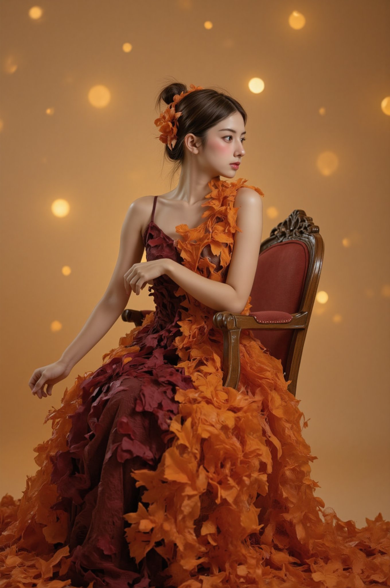 An ultra-detailed 8K side profile shot of a female model wearing a dress crafted from autumn foliage, sitting elegantly on a vintage chair. The dress transitions from deep burgundy to bright orange, mimicking fall colors. Soft bokeh background, studio lighting, fashion photography style, artistic composition,BeNhi,Enhanced all,hotgirl_vyvanle,fluxauth