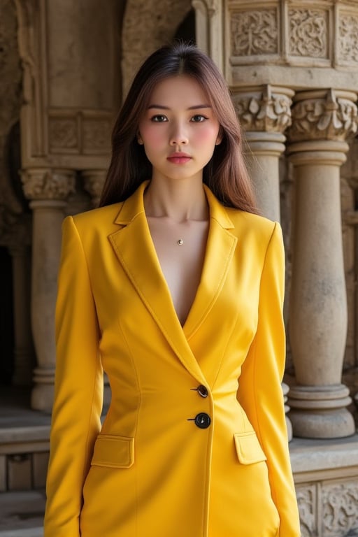 stunning Vietnamese model wearing a vibrant yellow power suit with elegantly tailored wrap-style blazer, cinched at the waist with a single black button, standing confidently beside an intricately designed ancient stone structure, adorned with detailed carvings and arches, bathed in warm, soft light, evoking a sense of timeless elegance and sophistication,hotgirl_vyvanle