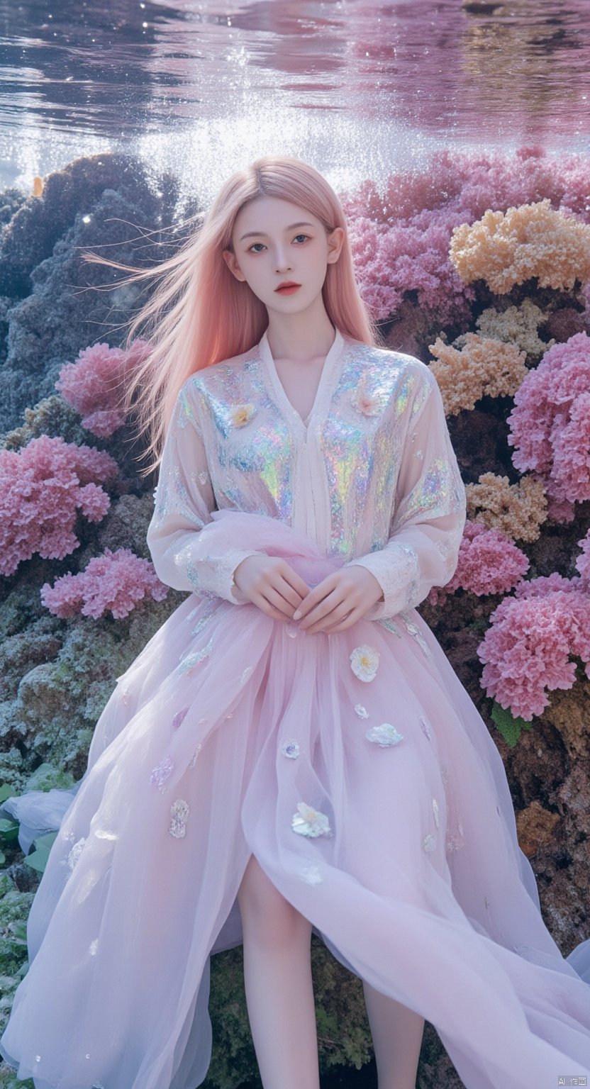 A mesmerizing underwater scene: a single girl stands majestically amidst the vibrant coral reef, her long hair flowing like seaweed in the pink mist. Her pink locks cascade down her back, while her upper body is adorned with a flowing shirt that appears to be made of iridescent sea scales. The flowers on her shirt seem to bloom in harmony with the colorful coral formations. Sharp focus and ultra-fine painting bring every detail into crystal clarity, as if gazing through an 8K lens. Studio lighting enhances the subject's features, casting a warm glow on her face. Every strand of hair, every petal, and every scale is exquisitely rendered in masterful detail, making this a true masterpiece of fantasy art.,shiny pantyhose,luoxue