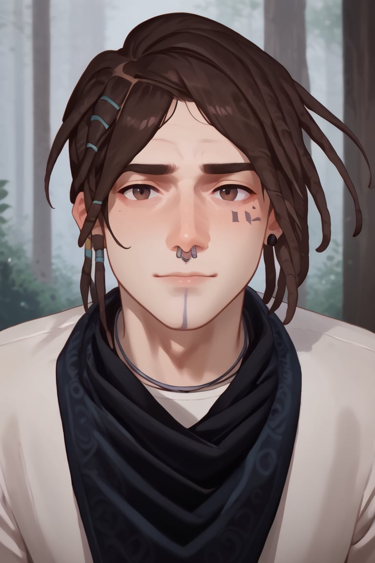 score_9, score_8_up, score_7_up, score_6_up, score_5_up, score_4_up, source_anime, Expressiveh, male focus, solo, mature male, upper body, looking at viewer, 1boy,nose piercing, jewelry, bangs, dreadlocks, facial tattoo, brown eyes