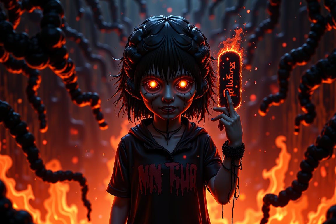 In a dimly lit, smoldering inferno, a lone girl with an otherworldly grin wears a skull-adorned mask, its blackness seeming to absorb the flickering flames that surround her. The tag she holds aloft reads "MaSk_ DJM230x_[FLUX] E1" in fiery red letters, as if warning of impending darkness. Umi's mystique shrouds the scene, casting long shadows that appear to writhe like living entities.