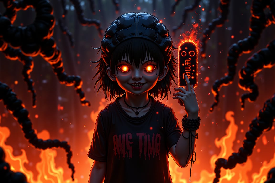 In a dimly lit, smoldering inferno, a lone girl with an otherworldly grin wears a skull-adorned mask, its blackness seeming to absorb the flickering flames that surround her. The tag she holds aloft reads MaSk_ DJM230x_[FLUX] E1 in fiery red letters, as if warning of impending darkness. Umi's mystique shrouds the scene, casting long shadows that appear to writhe like living entities.