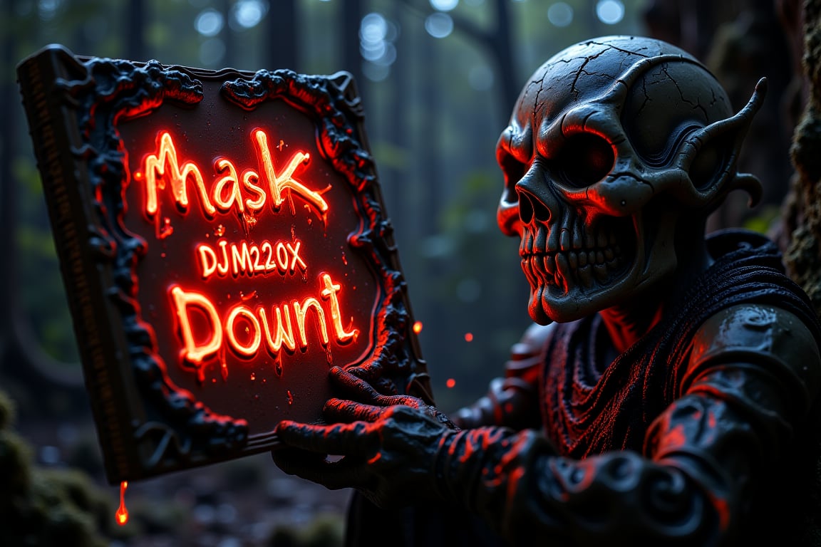 A dramatic shot of a gaunt figure, IMP, stands menacingly, clutching an ancient tome that reads MaSk_ DJM230x_[FLUX] E1 in blazing crimson script, as if holding up a beacon of foreboding doom. The fiery letters cast an eerie glow on the darkened surroundings, drawing the viewer's attention to the ominous message.