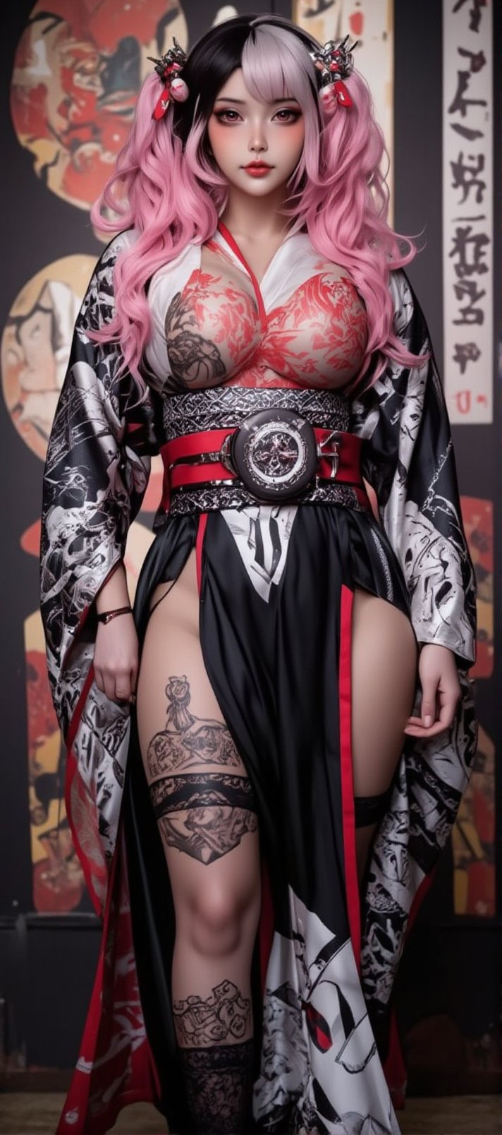 Beautiful Yakuza woman, milf, sukuna jujutsu kaizen, has pink hair, japanese (((tattoos on the face and other parts of the body))), wears a (((black and white kimono))), has red eyes, She is muscular and tall, sexy, erotic, exotic, defined hips, big breasts