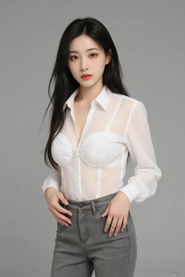 1girl,solo,breasts,long hair,cleavage,black hair,skirt,looking at viewer,large breasts,realistic,brown eyes,shirt,lips,red lips,see-through,white shirt,collarbone,simple background,shirt tucked in,pencil skirt,grey background,long sleeves,high-waist pants,makeup,cowboy shot,