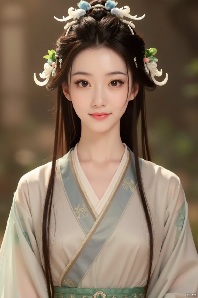 1girl,hanfu,realistic,long hair,hair ornament,long sleeves,blurry background,chinese clothes,brown hair,solo,blurry,upper body,black hair,holding,dress,closed mouth,solo focus,smile,realistic,truth