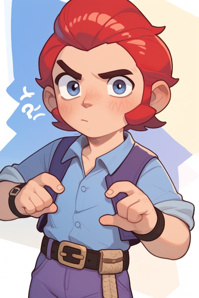 Score_9, Score_8_up, Score_7_up ,possummach , bscolt 1boy ,red hair , short hair , blue shirt , purple vest , belt , purple pants ,blush , confused , ??? , solo , looking at viewer