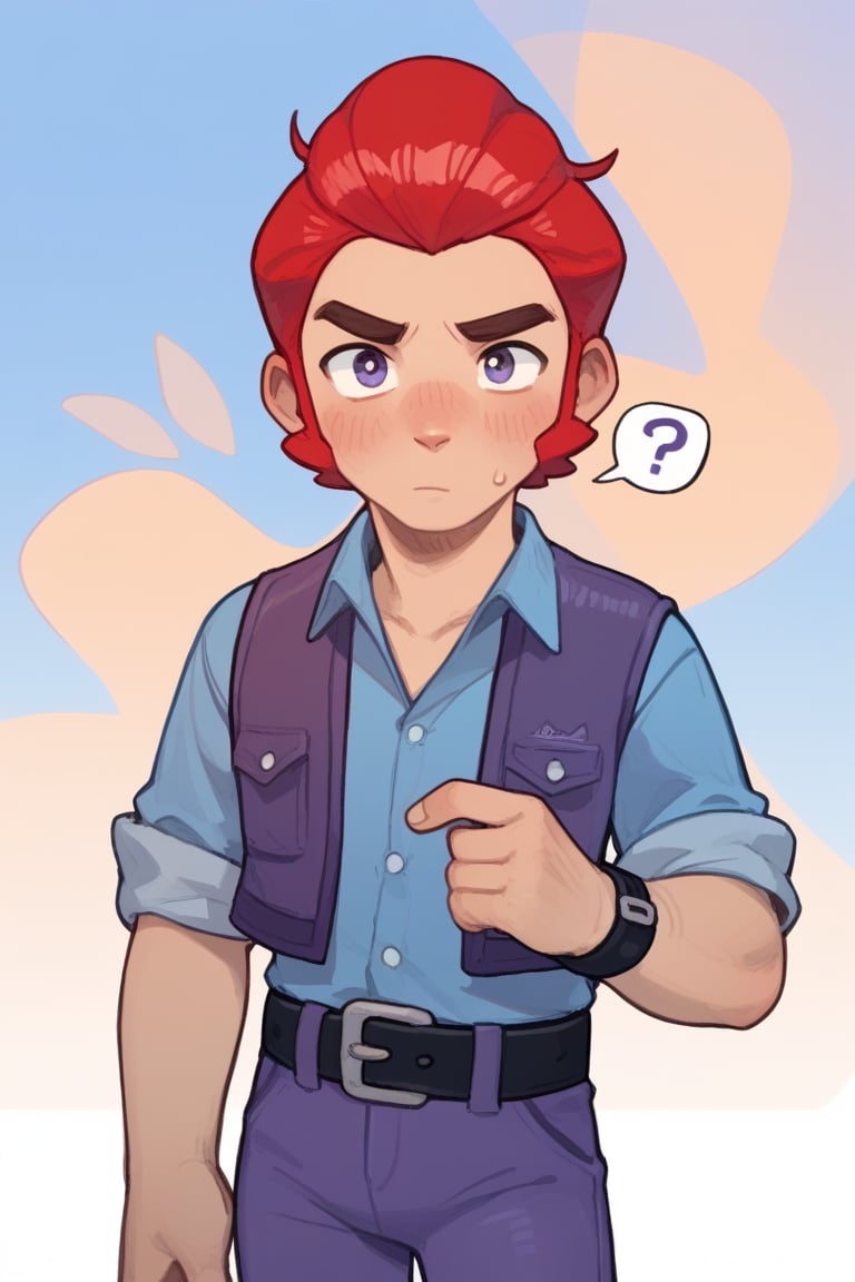 Score_9, Score_8_up, Score_7_up ,possummach , bscolt  ,1boy ,red hair , short hair , blue shirt , purple vest , belt , purple pants ,blush , confused , ??? , solo , looking at viewer