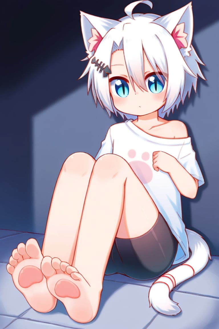 (vrchat:0.5),solo,male_focus,male_child,shota, 
vup-wh,cat ears,animal ear fluff,white hair,blue eyes,slit pupils,cat tail,hair ornament,white t-shirt,paw print,off shoulder,bike shorts,black shorts,barefoot,BREAK,
[night, dark, star /(symbol/), black theme],foot_focus,
sitting,on_back,
(masterpiece, best quality:1.1),