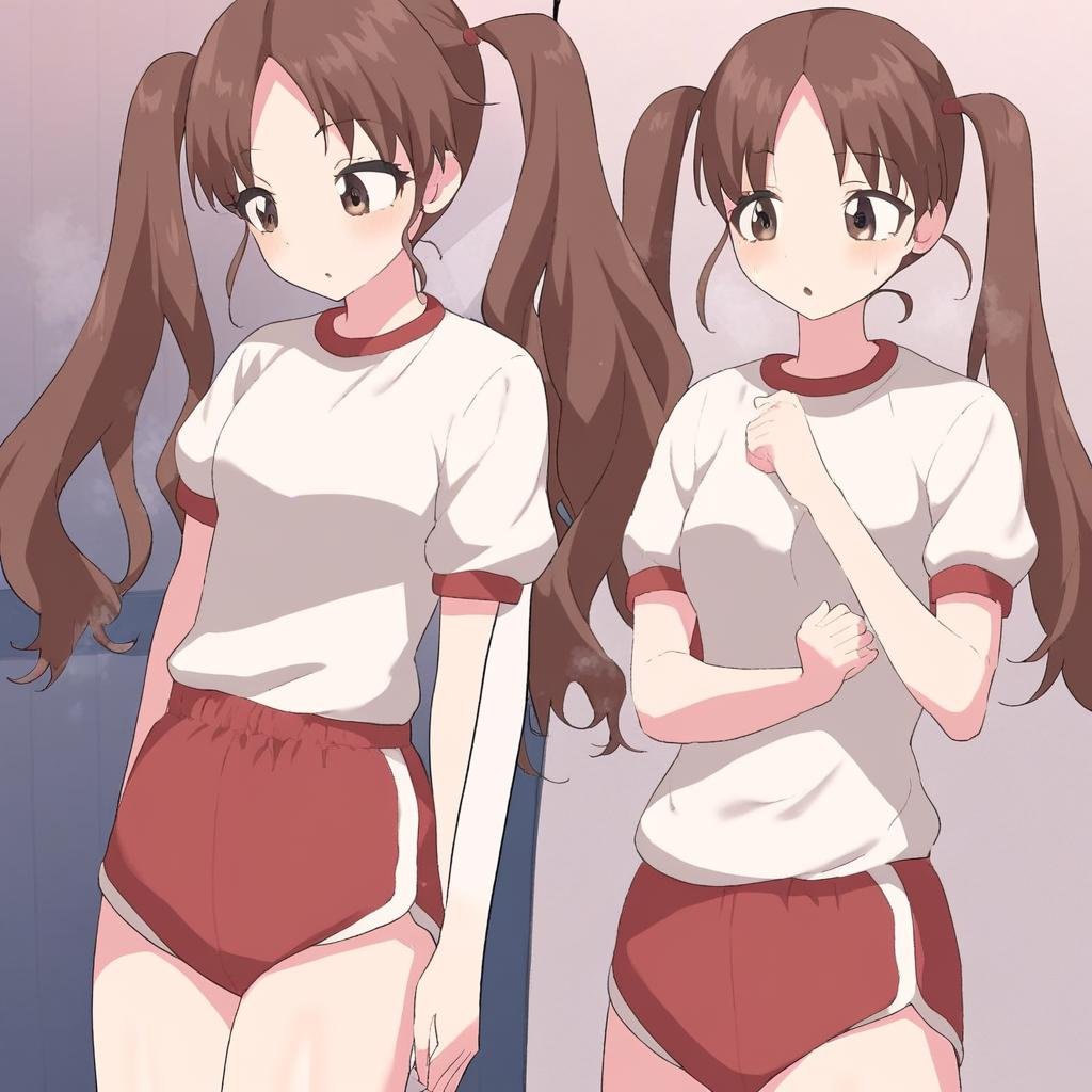 1girl, solo, long hair, bangs, brown hair, shirt, twintails, brown eyes, white shirt, short sleeves, shorts, parted bangs, gym uniform, red shorts, gym shirt, gym shorts