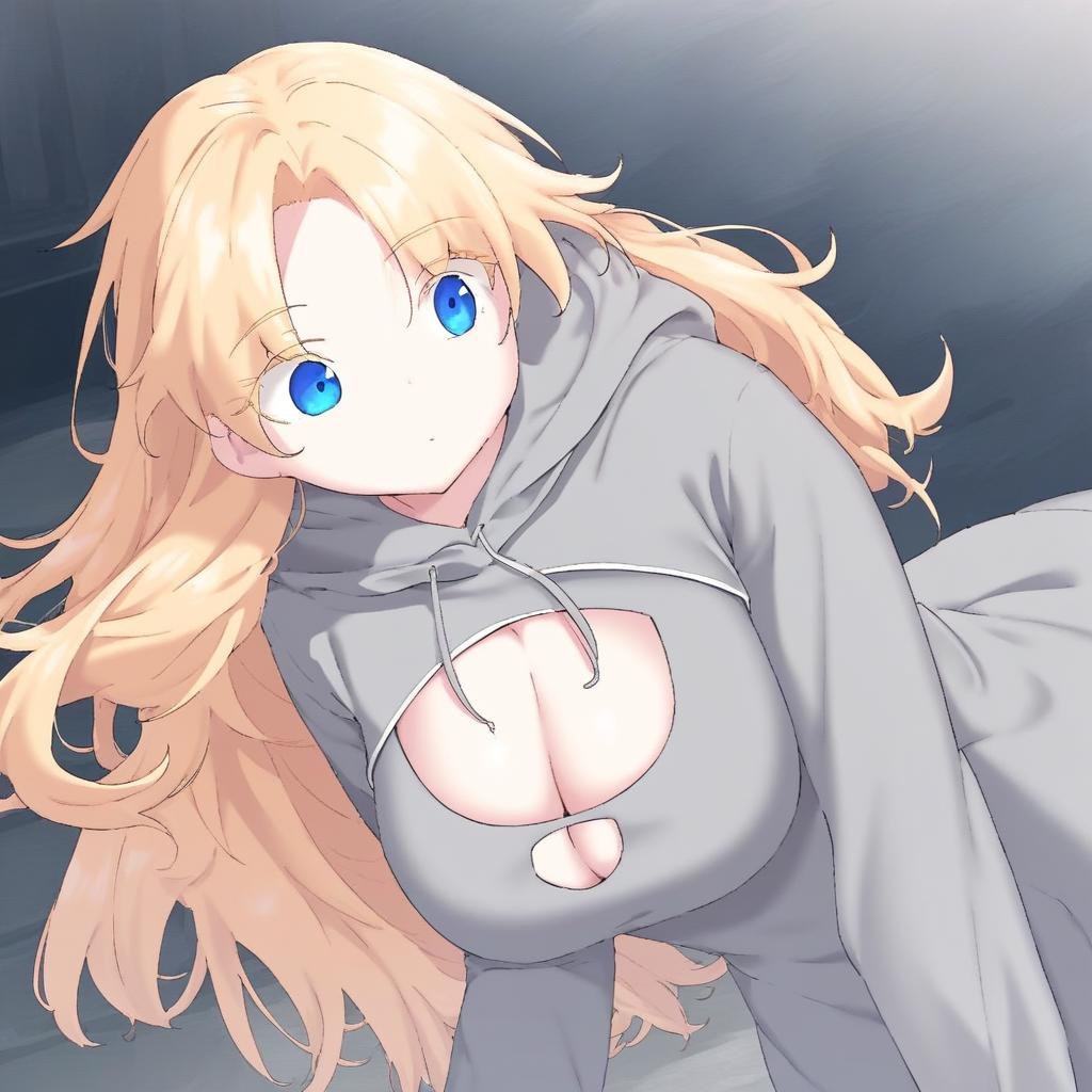 1girl, solo, long hair, bangs, parted bangs, blonde hair, blue eyes, long sleeves, dress, hood, hoodie, cleavage cutout, grey hoodie