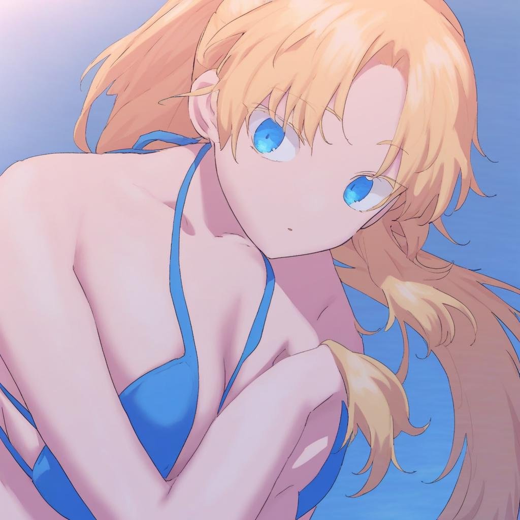 1girl, solo, long hair, bangs, parted bangs, blonde hair, blue eyes, blue bikini, ponytail