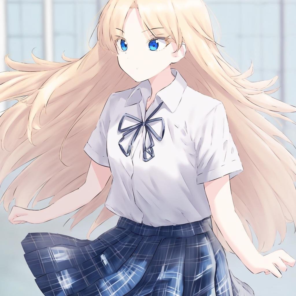 1girl, solo, long hair, bangs, parted bangs, blonde hair, blue eyes, skirt, shirt, school uniform, white shirt, white hair, short sleeves, pleated skirt, collared shirt, blue skirt, plaid, plaid skirt