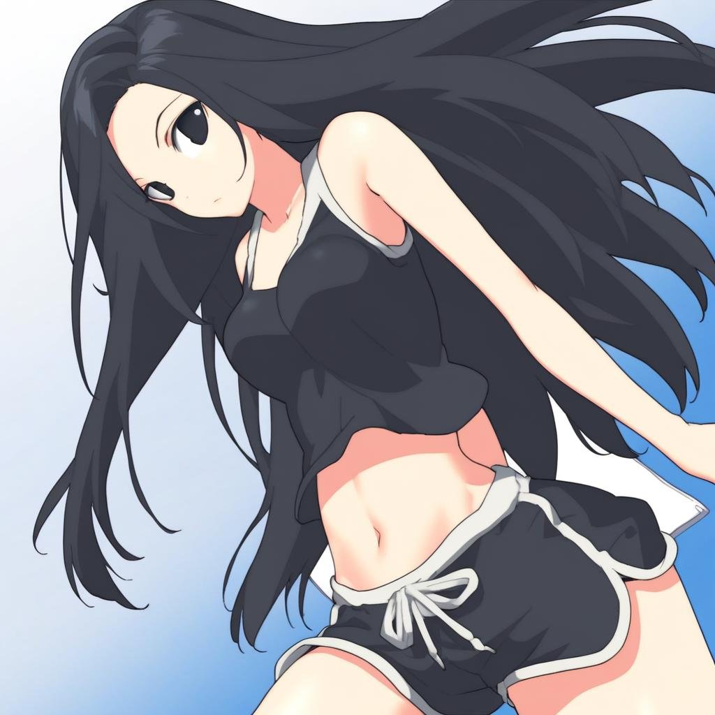 1girl, solo, long hair, black hair, navel, shorts, midriff, black eyes, short shorts, dolphin shorts