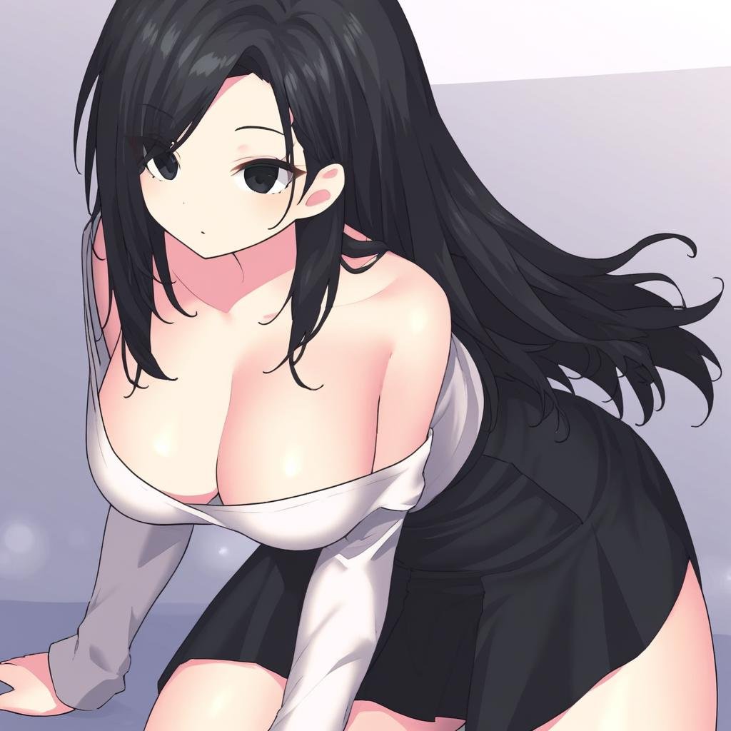 1girl, solo, long hair, skirt, shirt, black hair, cleavage, bare shoulders, thighs, black skirt, off shoulder, black eyes