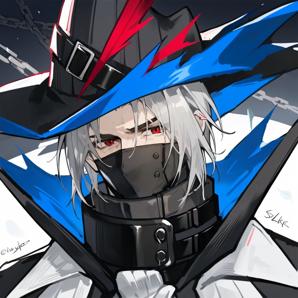 score_9, score_8_up, score_7_up, score_6_up, score_5_up, score_4_up, source_anime, BREAK, 1boy, male focus , looking at viewer, close up,
muscular, 
Ulpianus_arknights,black hat,black mask,high collar,grey hair,red eyes,grey hair,black bodysuit