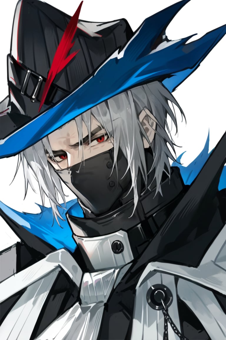 score_9, score_8_up, score_7_up, score_6_up, score_5_up, score_4_up, source_anime, BREAK, 1boy, male focus , looking at viewer, close up,
muscular, clean face,
Ulpianus_arknights,black hat,black mask,high collar,grey hair,red eyes,grey hair,black bodysuit