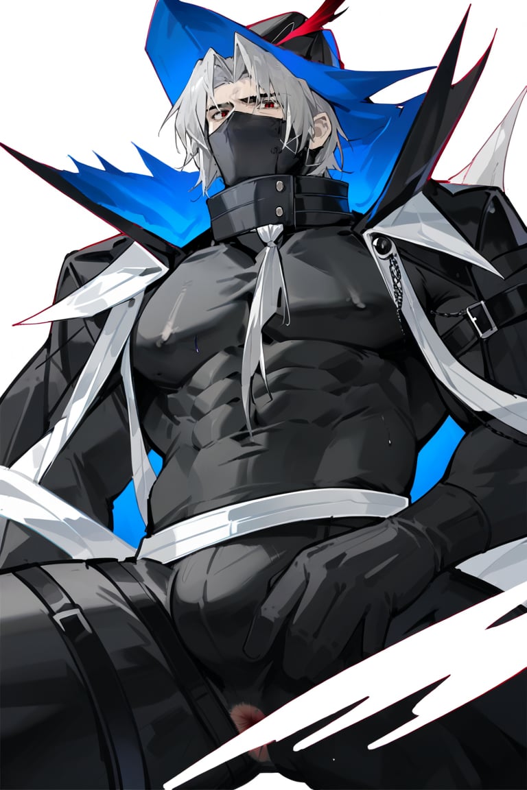 score_9, score_8_up, score_7_up, score_6_up, score_5_up, score_4_up, source_anime, BREAK, 1boy, male focus , looking at viewer, close up,
muscular, 
Ulpianus_arknights,black hat,black mask,high collar,grey hair,red eyes,grey hair,black bodysuit