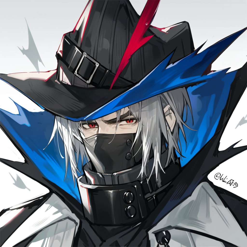 score_9, score_8_up, score_7_up, score_6_up, score_5_up, score_4_up, source_anime, BREAK, 1boy, male focus , looking at viewer, close up,
muscular, clean face,
Ulpianus_arknights,black hat,black mask,high collar,grey hair,red eyes,grey hair,black bodysuit