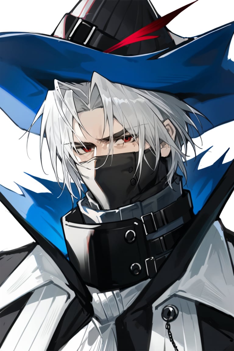 score_9, score_8_up, score_7_up, score_6_up, score_5_up, score_4_up, source_anime, BREAK, 1boy, male focus , looking at viewer, close up,
muscular, 
Ulpianus_arknights,black hat,black mask,high collar,,red eyes,grey hair